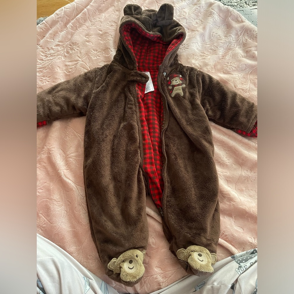 2 for 15$ ❤️ Carter's | 3M | Brown Bear Hooded Footie with Red Accents
